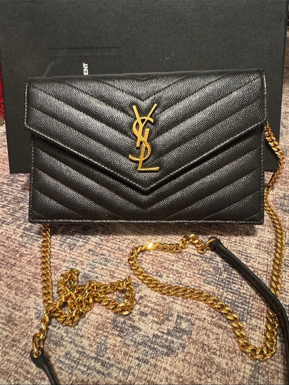 Saint Laurent Black Chevron Quilted Wallet Crossbody with Gold YSL